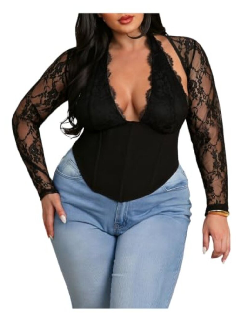 Plus Size Backless Lace Halter Corset Top Long Sleeve